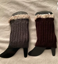 2 PK  Brown & Gray Boot Cuffs Leg Ankle Arm Warmers Lace Trim Women's One Size