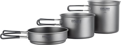 Explorer Bear Titanium Stackable Camping Cooking 1200ml, 800ml, 400ml, Silver 