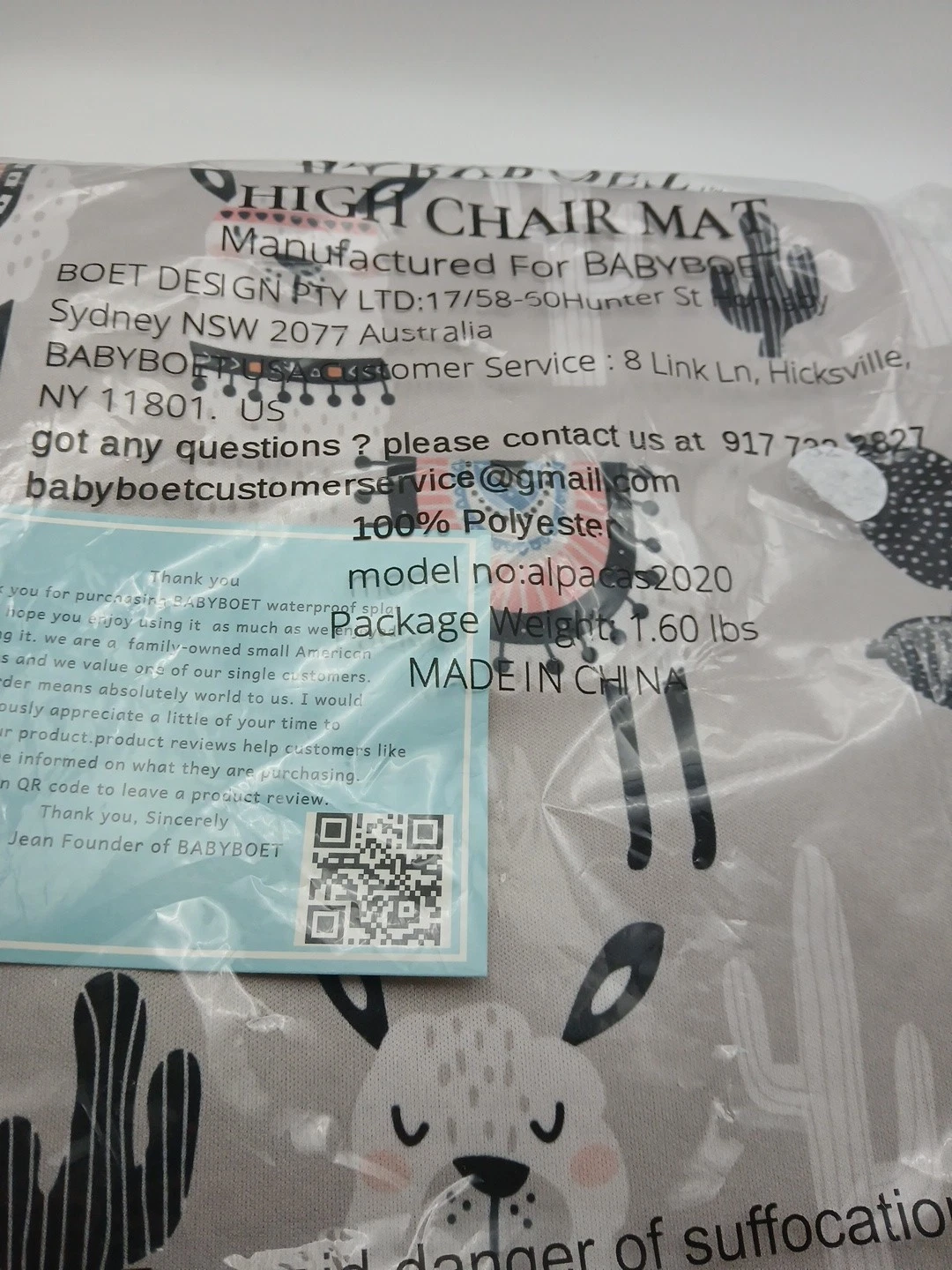 BABYBOET Waterproof High Chair Splat Mat Alpaca Cactus Nursery Floor Mat NIP