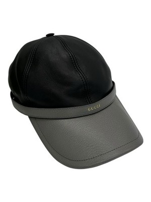 Gucci Leather Baseball Cap Black & Grey Gold Logo Size M 57cm Made in Italy