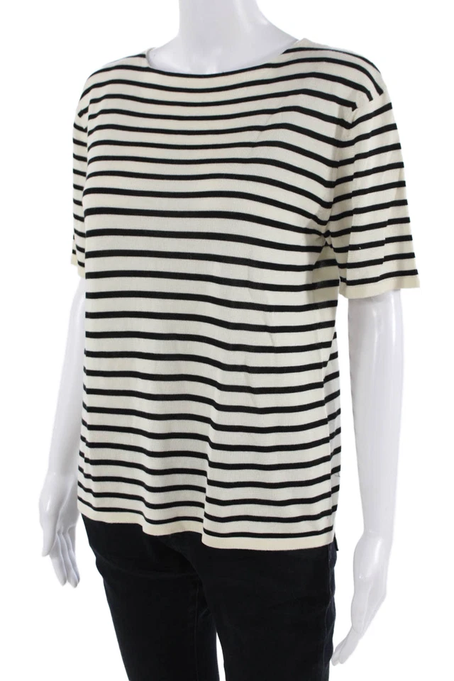 Khaite Women Beige Silk Striped Crew Neck Short Sleeve T-Shirt Size M - Image 2 of 4