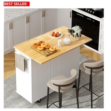 Modern White Kitchen Island Cart with Storage, Drop Leaf  Mobility Features