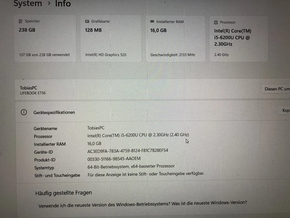 Fujitsu Laptop E756 15,6 FullHD Intel i5 16GB RAM 238GB SSD Win11 DVD-RW HDMI DP - Bild 2 von 4