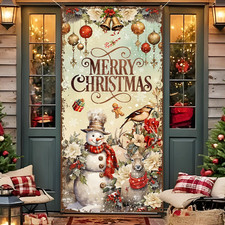Christmas Decorations Door Cover Vintage Snowman Deer Merry Christmas Door