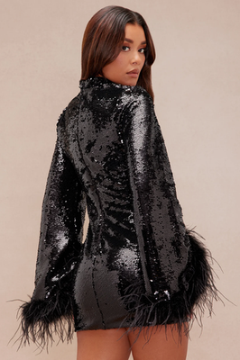 black glitter long sleeve mini dress Black High Neck Long Sleeve Sequin A Line Mini Dress main image 1