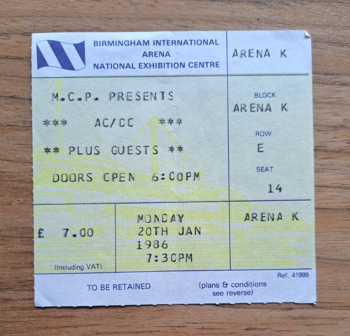 AC/DC (1986) Vintage Concert Ticket at the N.E.C, Birmingham. | eBay UK