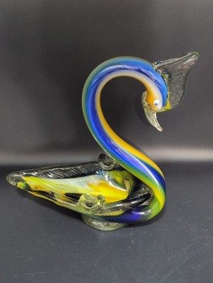 Vtg. Murano Heavy Art Glass Swimming Bird Yellow Blue Striped Hand Blown Italy 
