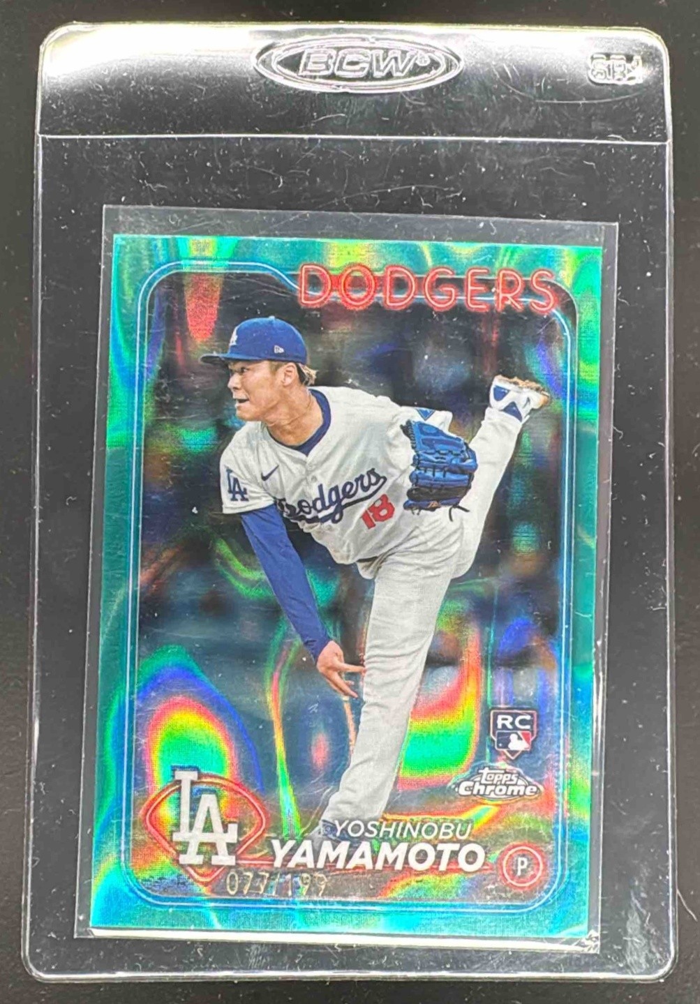 Yoshinobu Yamamoto 2024 Topps Chrome #18 Aqua Lava Refractor Rookie RC /199