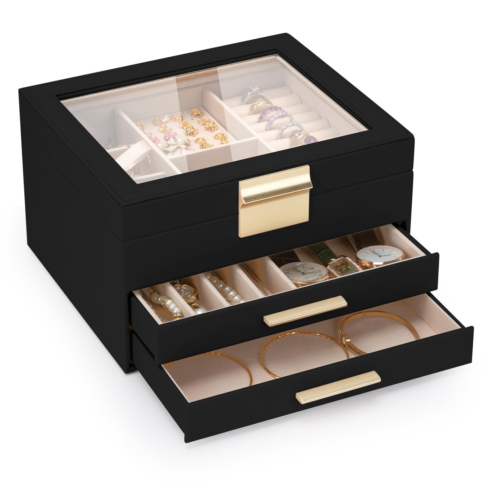 3-Layer Jewelry Box for Women, Jewelry Organizer with Glass Lid and Drawers, ...