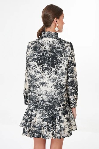 TUCKERNUCK schwarz beige Zypresse Toile Tate kastig Plissee Swing Minikleid XS = 0/2 - Bild 3 von 12