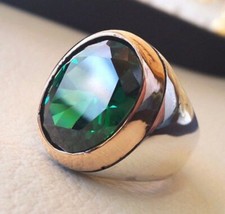 Solid 925 Sterling Silver AAA Green Emerald Zircon Oval Cut Gemstone Men's Ring