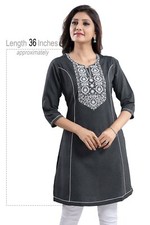 Women UK Ethnic Grey Party Dresses Kurti Tunic Embroidery Top Shirt NK66