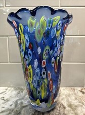 Murano   Millefiori Blue/Multicolors 7  Tall, Blown Glass Vase, PO-LN-Pristine