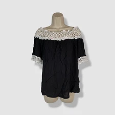 INC International Concepts Women Black Crotchet Off Shoulder Blouse Top Sz L