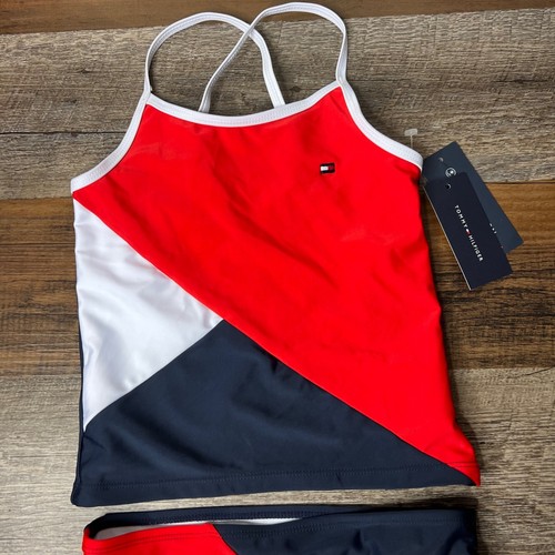 Tommy Hilfiger Girls Tankini Sz M 2 Piece Swimsuit Red White Blue Colorblock NWT - Picture 2 of 11