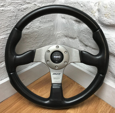Genuine Momo Race 3 spoke black leather 350mm steering wheel. Retro 1996. 7D