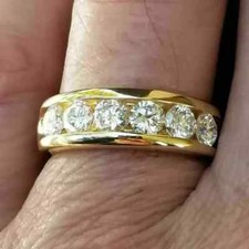 Men's 14k Yellow Gold Plated 2 Ct Round Cut Simulated Diamond Wedding Band Ring
