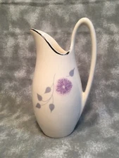 Vintage Ceramic Pitcher Style Vase with Handle and Purple Flower with leaves