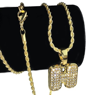 14K Gold Plated Micro Letter H Rope Chain Iced Initial Simulated CZ ...