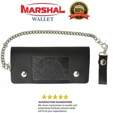 Men's Leather Credit ID Cards Holder Long Chain Eagle Wallet Biker Trucker Black