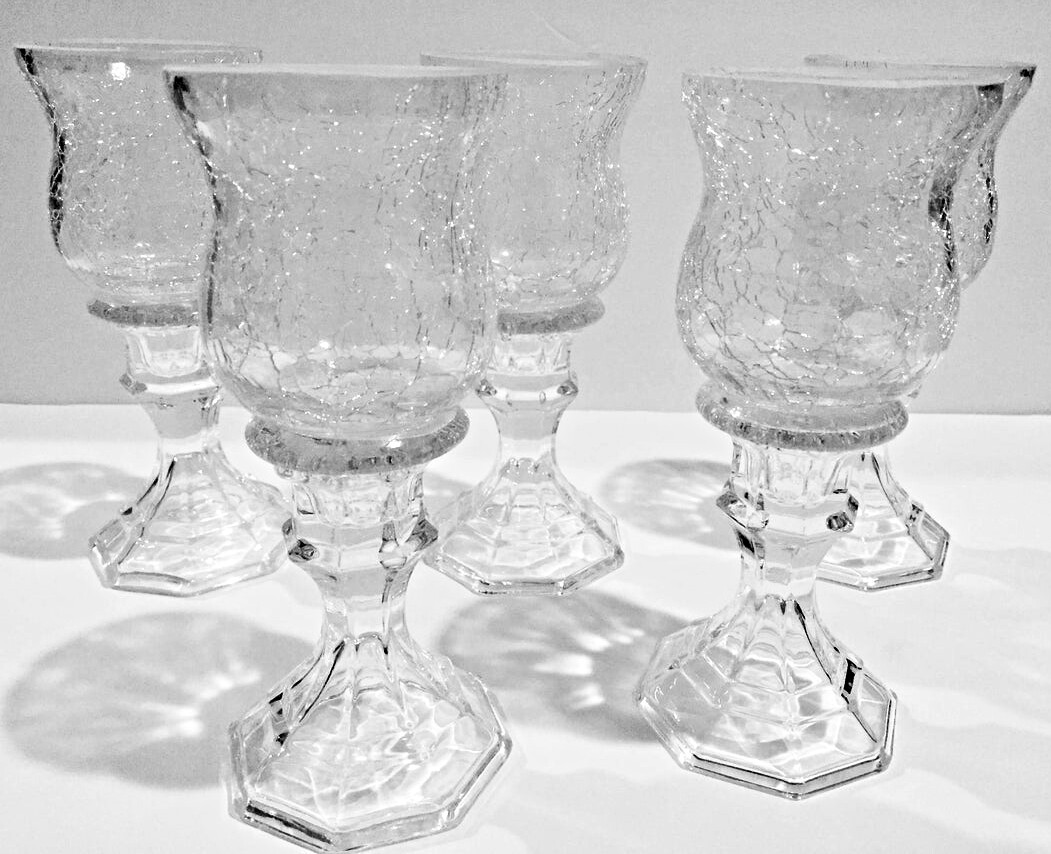 SET OF 2 CRACKLE GLASS TALL CANDLE HOLDERS HURRICANES WEDDING CHRISTMAS DECOR 