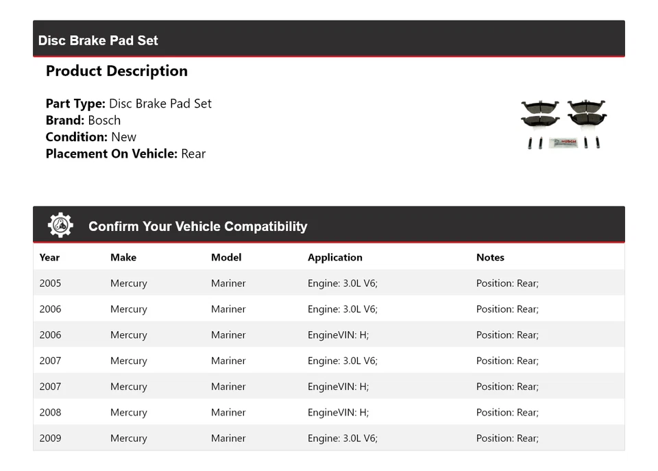 Pastilhas de freio de cerâmica azul com ferragens traseiras Mercury Mariner Bosch 2005-2009 - Imagem 2 de 4