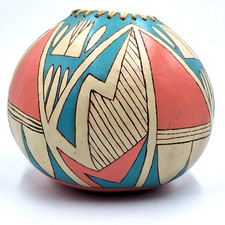 1995 Hand Painted Etched Gourd Bowl Vase Southwestern Style