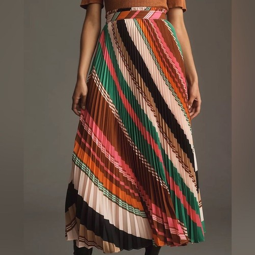 Maeve by Anthropologie Isobel Silky Pleated Maxi Skirt Multicolor Boho Size 6 - Picture 2 of 12