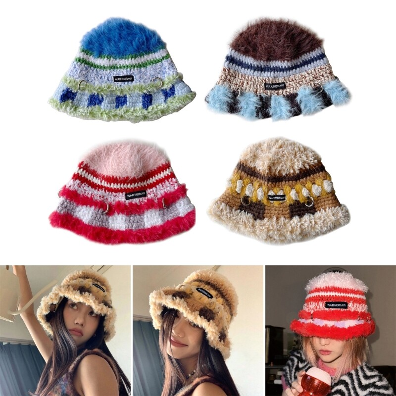 Winter Fisherman Hat for Woman Weaving Bucket Hat Crochet Stripe