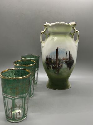 Germany Green Tumbler Glass Cup Victorian Porcelain Vase Ship 7.75x4.5 