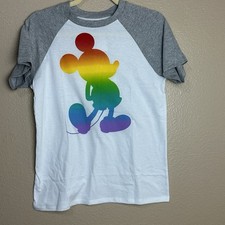 Disney Mickey Mouse Rainbow Pride Shirt Youth Size Large White Short Sleeve Top