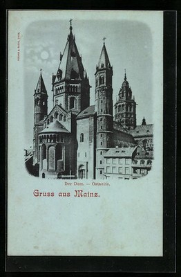 Moonlight postcard Mainz on the Rhine, east side of the cathedral 