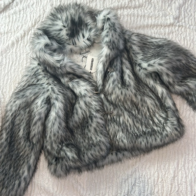 The Ragged Priest Snow Leopard Julia Faux Fur Coat hooded Black White Large  new