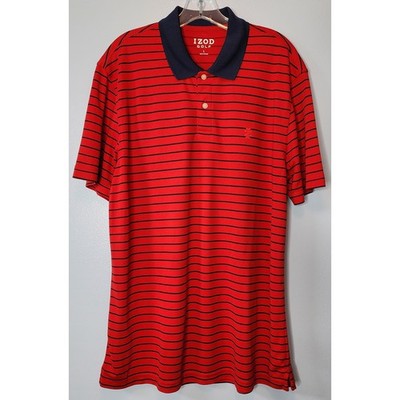 IZOD Golf Polo Shirt Mens L Red Navy Striped Short Sleeve Pique Knit EXC