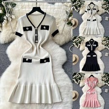 Knitted V-neck Bodycon Dress Womens Ribbed Sweater Style Vacation Wear