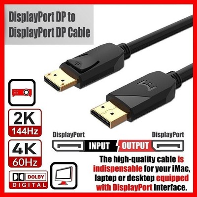 DisplayPort To DisplayPort Cable 4K 60Hz UHD Audio Video Male Latches Gold Black
