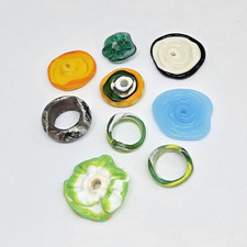 Lot Of 9 Handmade Artisan Lampwork Glass Beads Round Flat Red White Green Brown