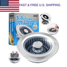 3-in-1 Kitchen Sink Drain Strainer Stopper Anti-Clog Basket 3.5" Silver