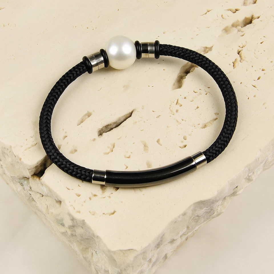 Pulsera Cordón Negro con Perla Blanca Náutica Hombre Joyería Ajustable Regalo Él Foto 2 de 4