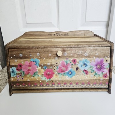 The Pioneer Woman Bread Box Bin Wood Floral Breezy Blossom Brown Acacia