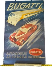 VINTAGE LITHOGRAPH POSTER CAR  BUGATTI AUTOMOBILES AUTORAILS 34 x 21 inches