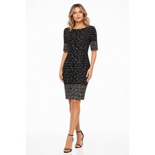 Adrianna Papell Black Gold Metallic Textured Sheath Dress Elbow Sleeve Size 12