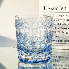 Edo Kiriko Whisky Glass Tumbler Japanese Style Hand Cut To Clear 14oz Sky Blue