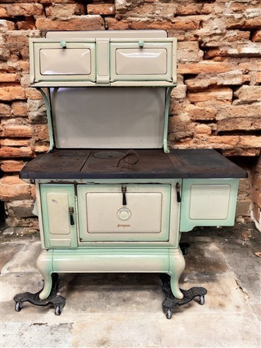 Monogram Stove, Vintage Wood/Coal Burning Stove, Cream & Sage Enamel, Cast Iron