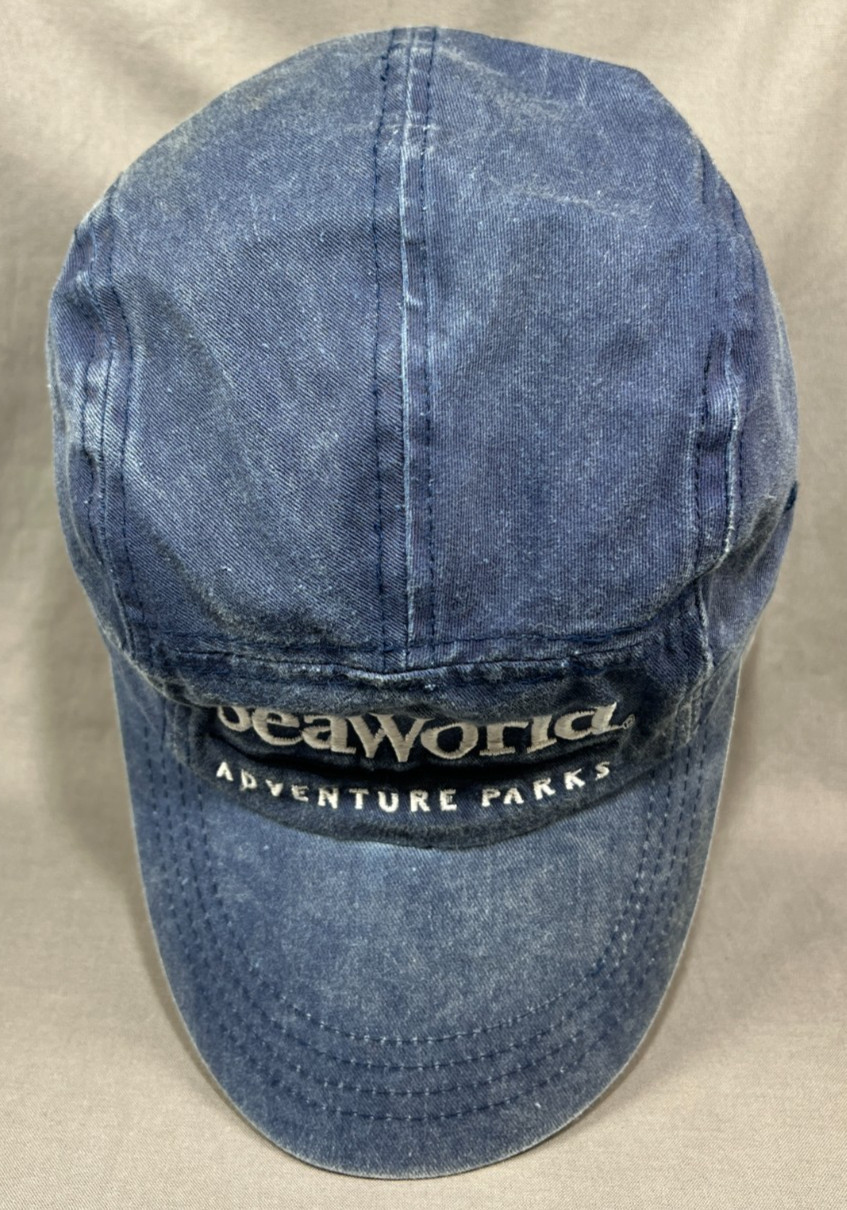 SeaWorld Adventure Park Strapback Hat Distressed Blue Denim 5 panel Dad Cap Mens image 7