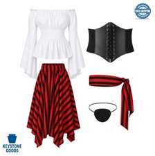 Women Pirate Costume Renaissance Outfit Corset Belt Striped Skirt Head Scarf