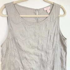 St Tropez West Womens L Gray 100% Linen Allover Embroidered Top Coastal Beachy