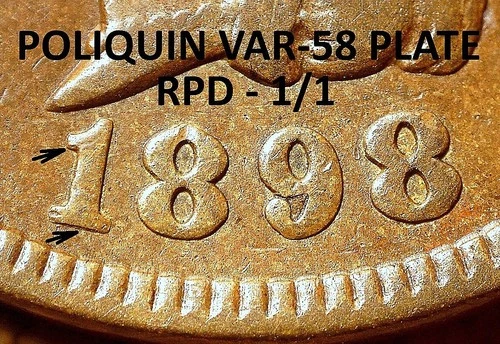 1898 Indian Head Cent - VF++ POLIQUIN VAR-58 PLATE, REPUNCHED DATE (K242)