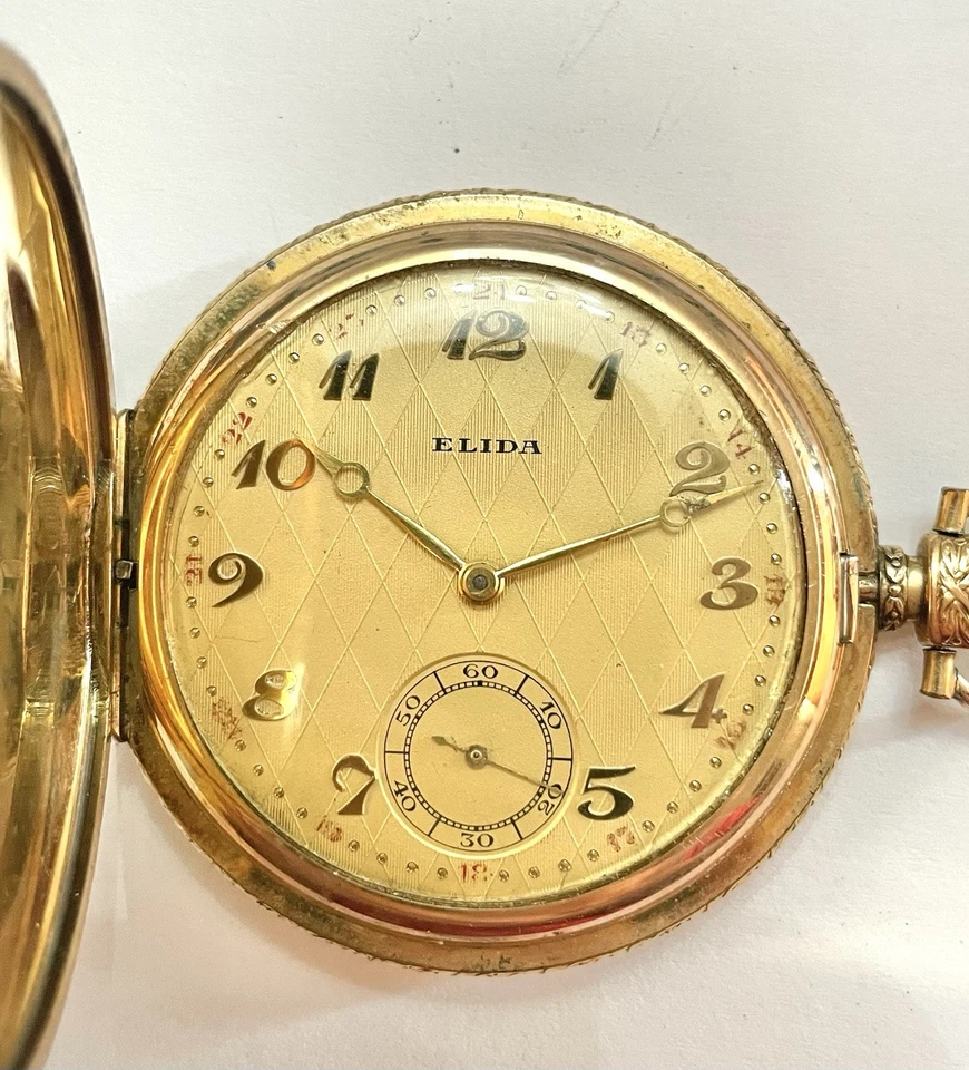 Excelente ELIDA Swiss Raro 16J Ajustable Reloj Bolsillo Cazador Completo Lleno de Oro Funcionando Foto 2 de 4