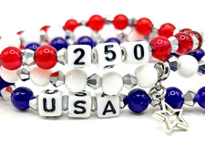 Set of 3 Red, White, Blue 7.5" Glass Beaded Stretch Bracelets USA 250 Patriotic